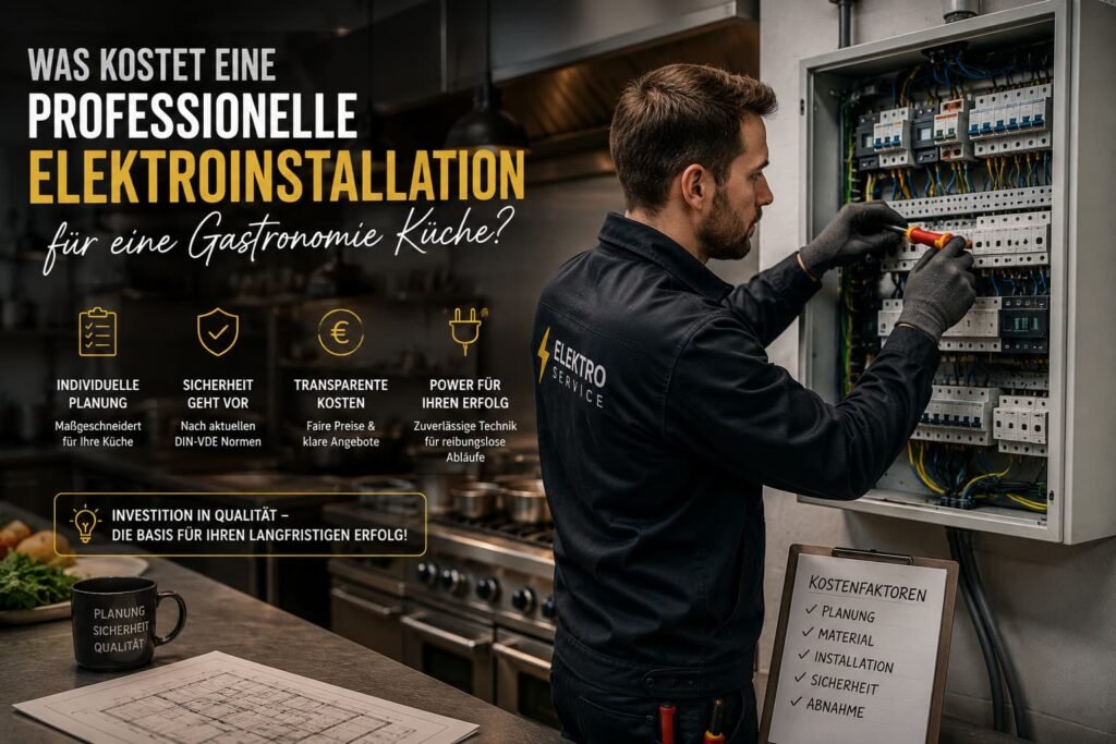 Elektriker bei der Wartung eines modernen Stromverteilers in einer professionellen Großküche.