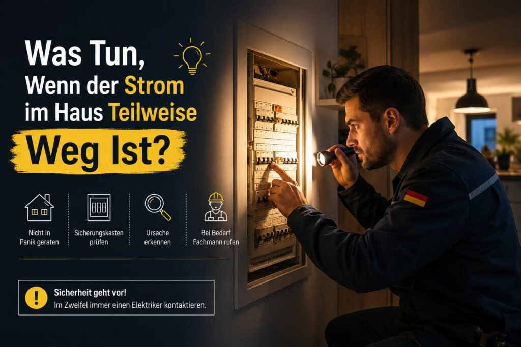 Elektriker prüft Sicherungskasten bei Stromausfall im Haus