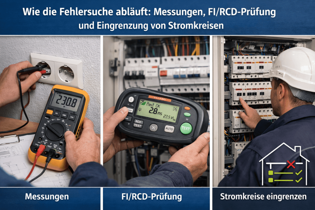 Elektriker prüft Stromkreis und RCD ok