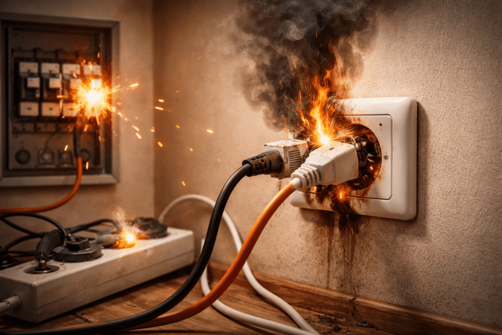 Überhitzte Steckdose mit Funkengefahr hoch