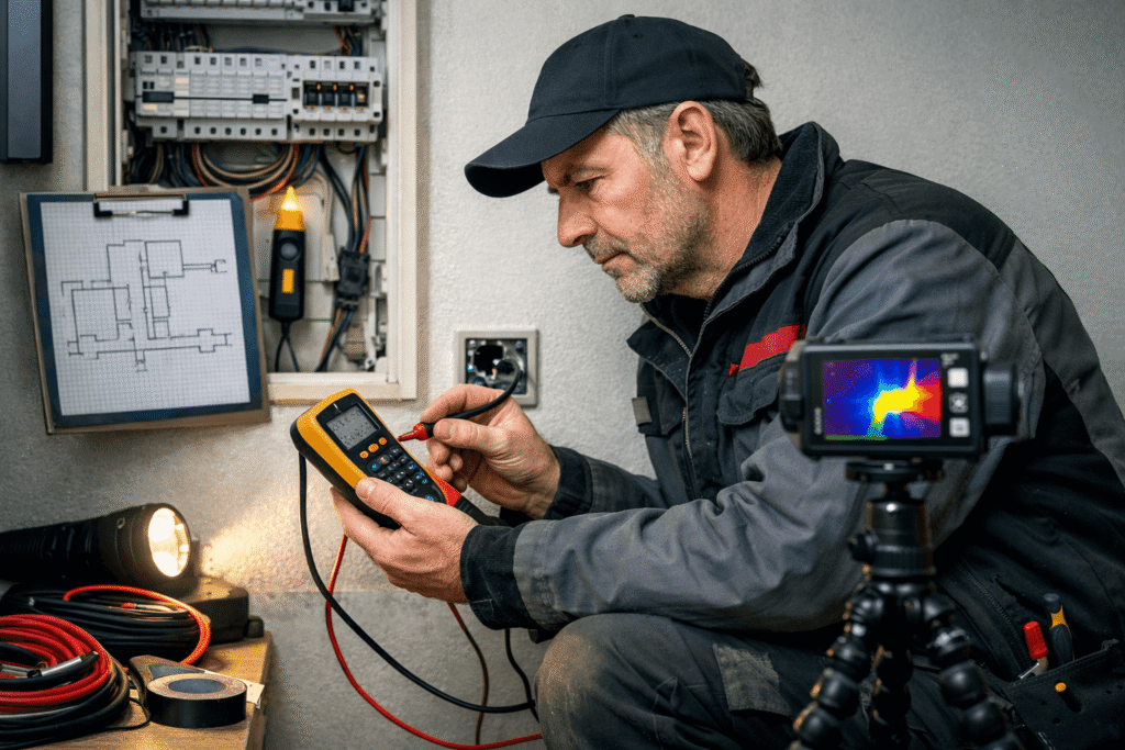 Elektriker prüft Steckdose gezielt vor.