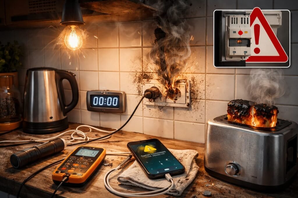 Defekte Steckdose, flackerndes Licht und Rauch im Haushalt