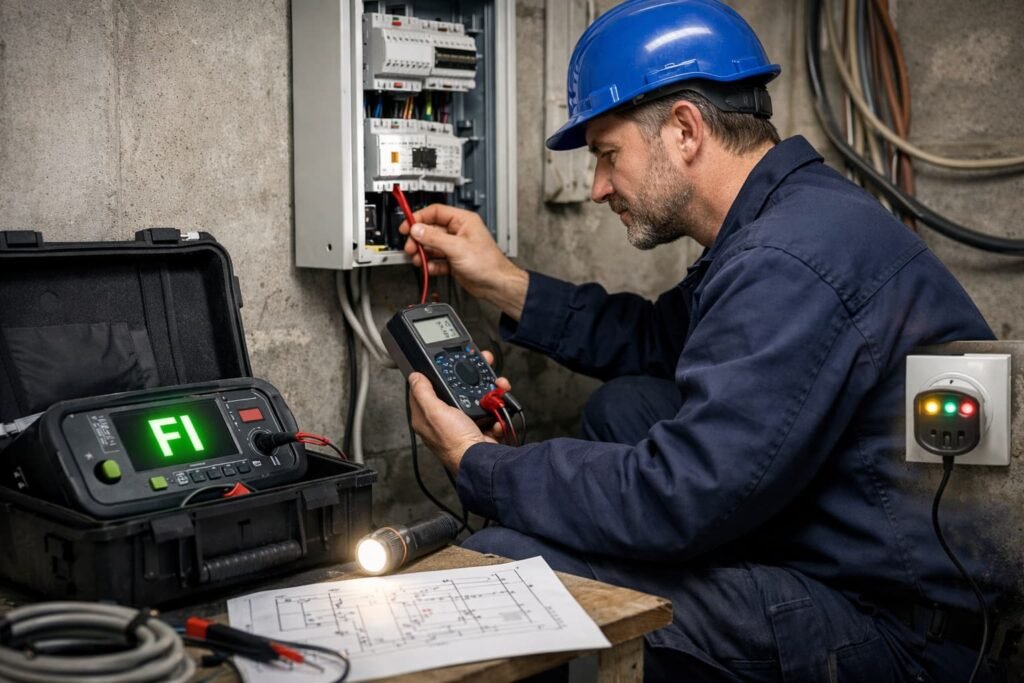 Elektriker prüft Sicherung mit Messgerät und FI-Test lokal!