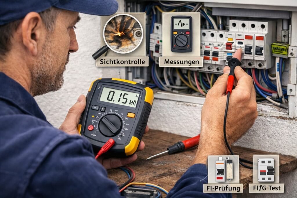 Elektriker prüft Sicherungskasten mit Messgerät und Sicht vor Ort.