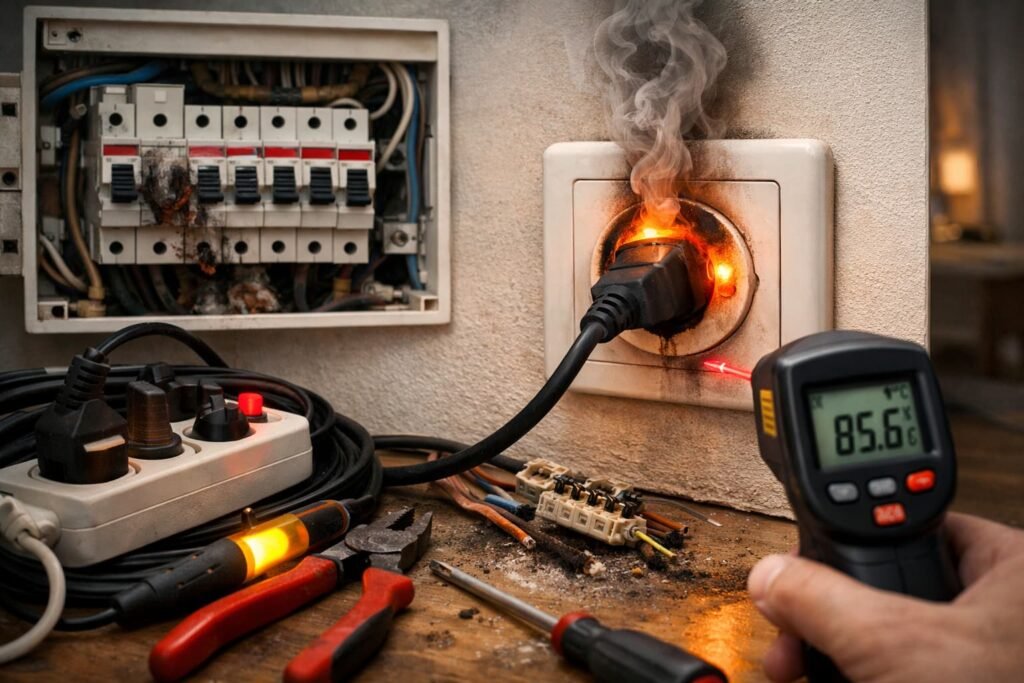 Überhitzte Steckdose und ausgelöste Sicherungen im Haus mit sichtbarer