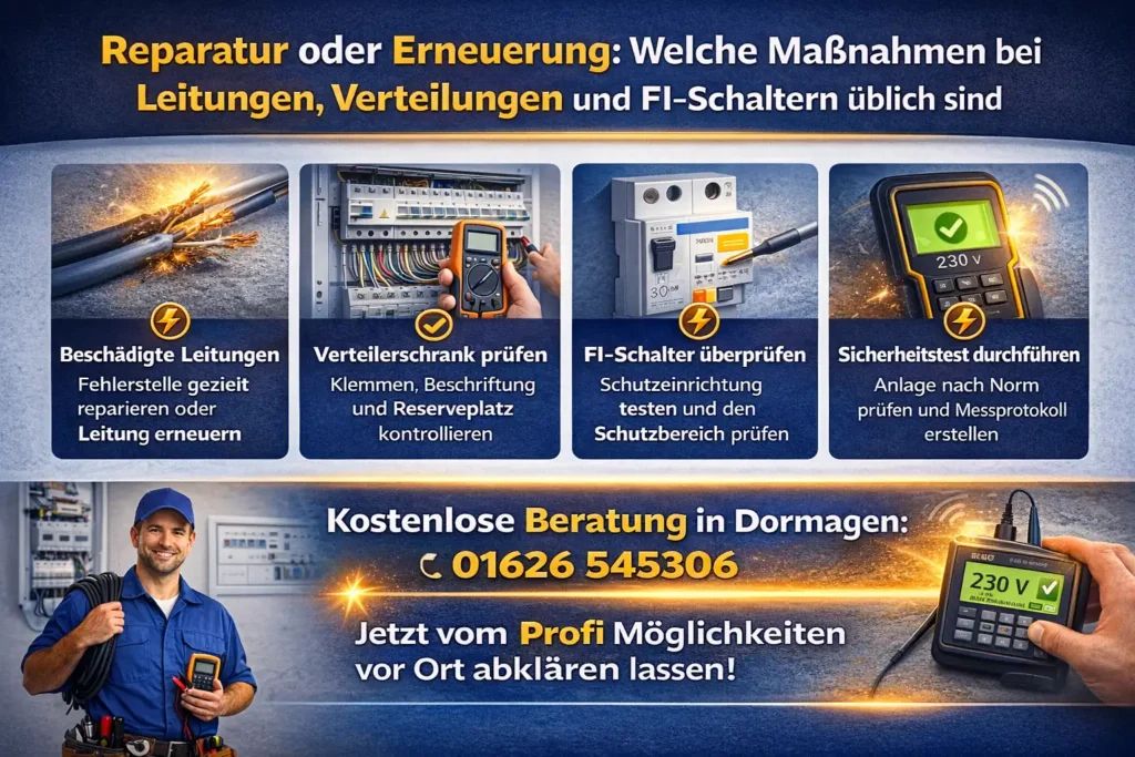 Reparatur oder Erneuerung: Welche Maßnahmen bei Leitungen, Verteilungen und FI-Schaltern üblich sind