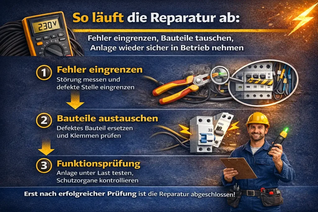So läuft die Reparatur ab: Fehler eingrenzen, Bauteile tauschen, Anlage wieder sicher in Betrieb nehmen