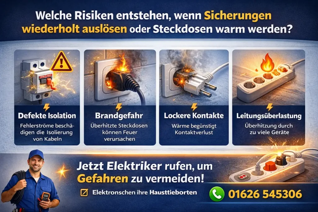 Welche Risiken entstehen, wenn Sicherungen wiederholt auslösen oder Steckdosen warm werden