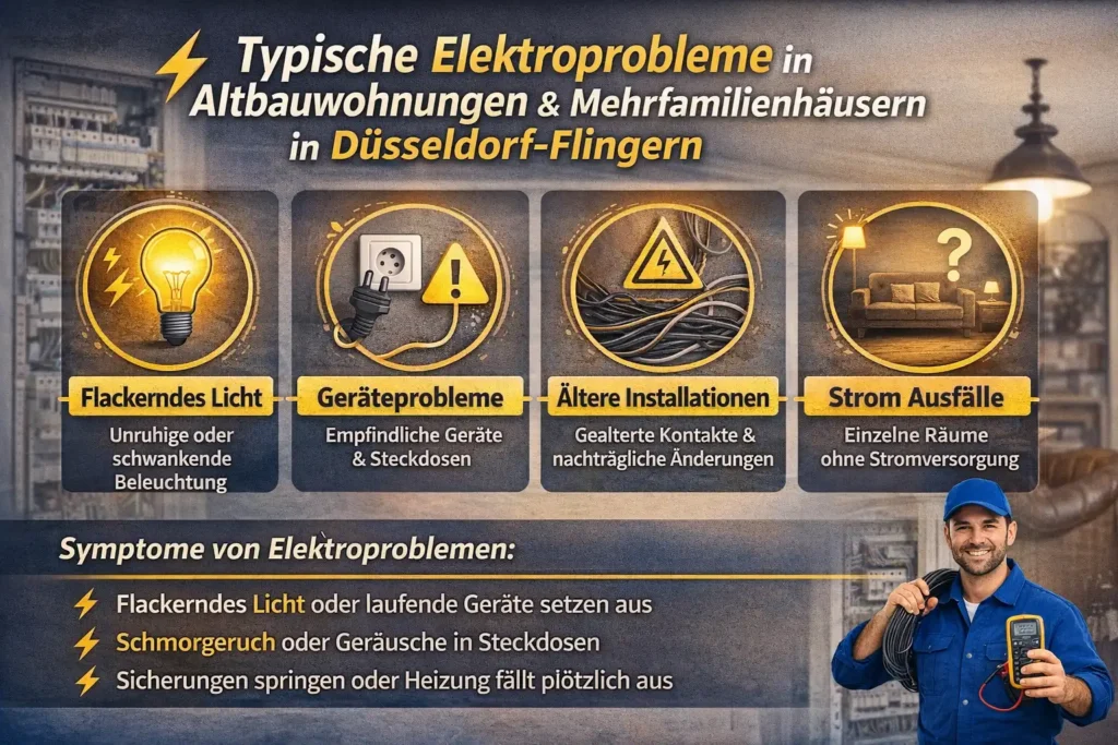 Wie sich typische Elektroprobleme in Altbauwohnungen und Mehrfamilienhäusern in Düsseldorf-Flingern bemerkbar machen