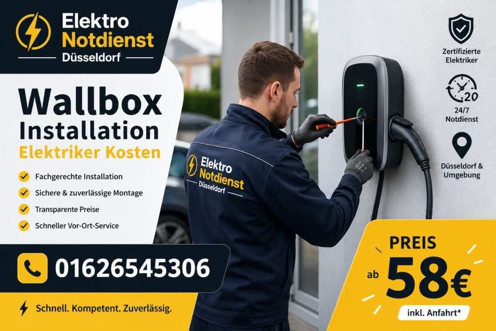 Elektriker bei der Installation einer modernen Ladestation in Düsseldorf.
