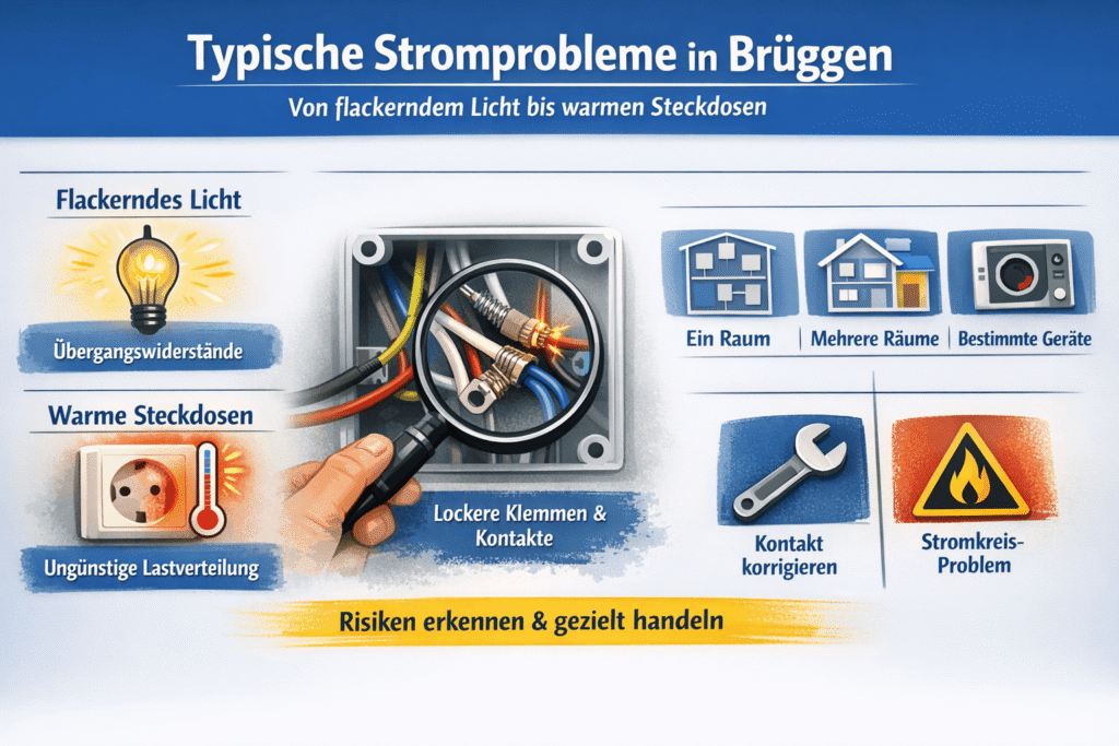 Grafik zu Stromproblemen in Brüggen mit Licht- und Steckdosen-Symbolen.