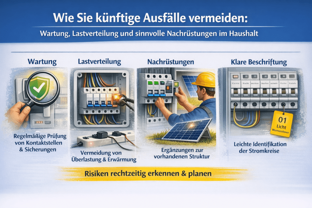 Grafik zur Vermeidung von Stromausfällen mit Wartungs- und Verteilungs-Symbolen.