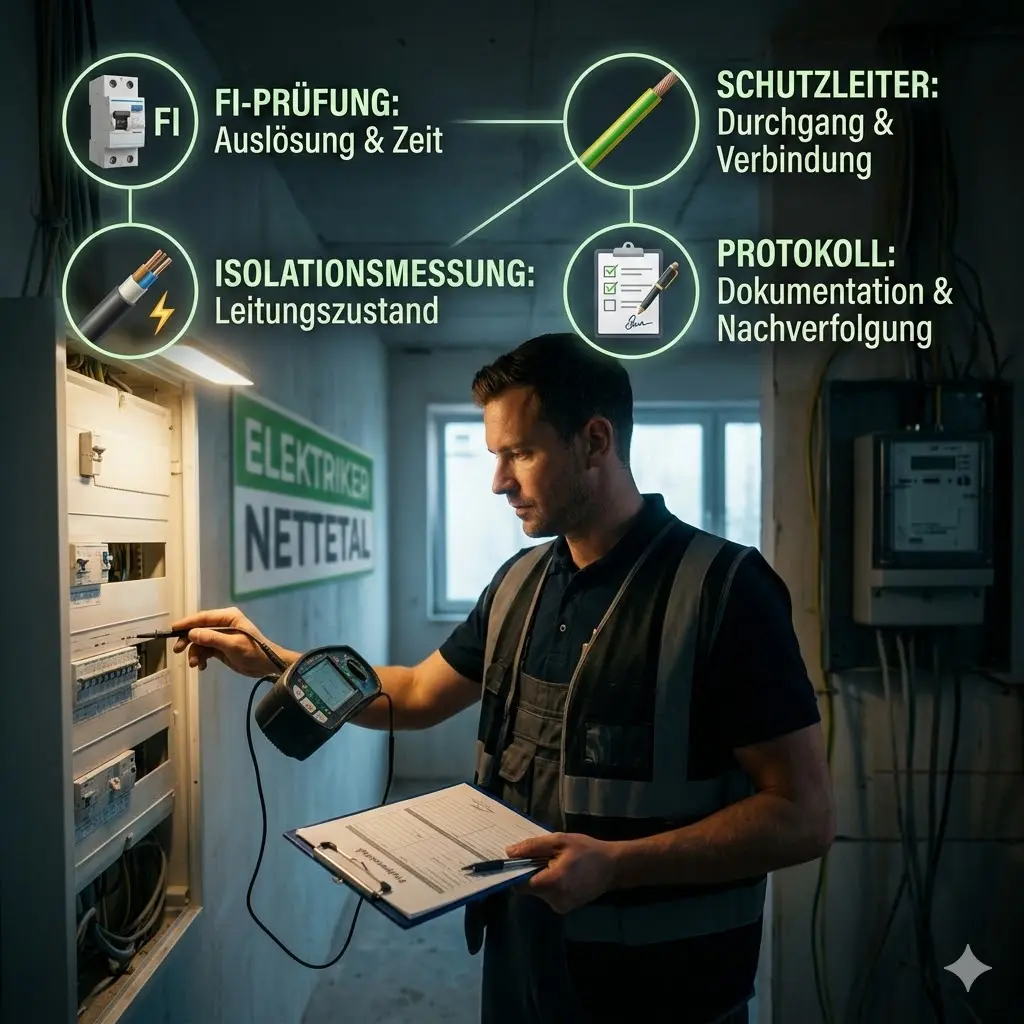 Sicherheitscheck nach der Arbeit: FI-Prüfung, Schutzleiter, Isolationsmessung und Protokoll