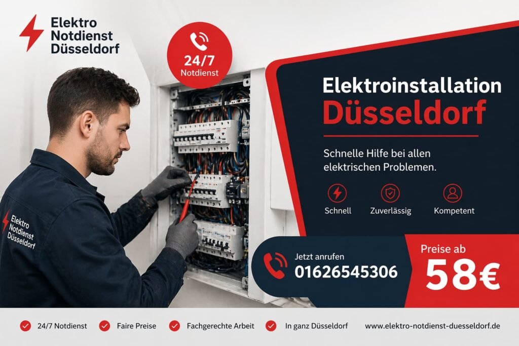 Professioneller Elektriker bei der Reparatur eines Stromproblems in Düsseldorf, schneller Notdienst mit fairen Preisen.
