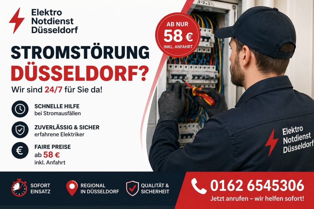 Elektriker im Einsatz bei Reparatur eines Sicherungskastens mit 24/7 Notdienst-Service in Düsseldorf