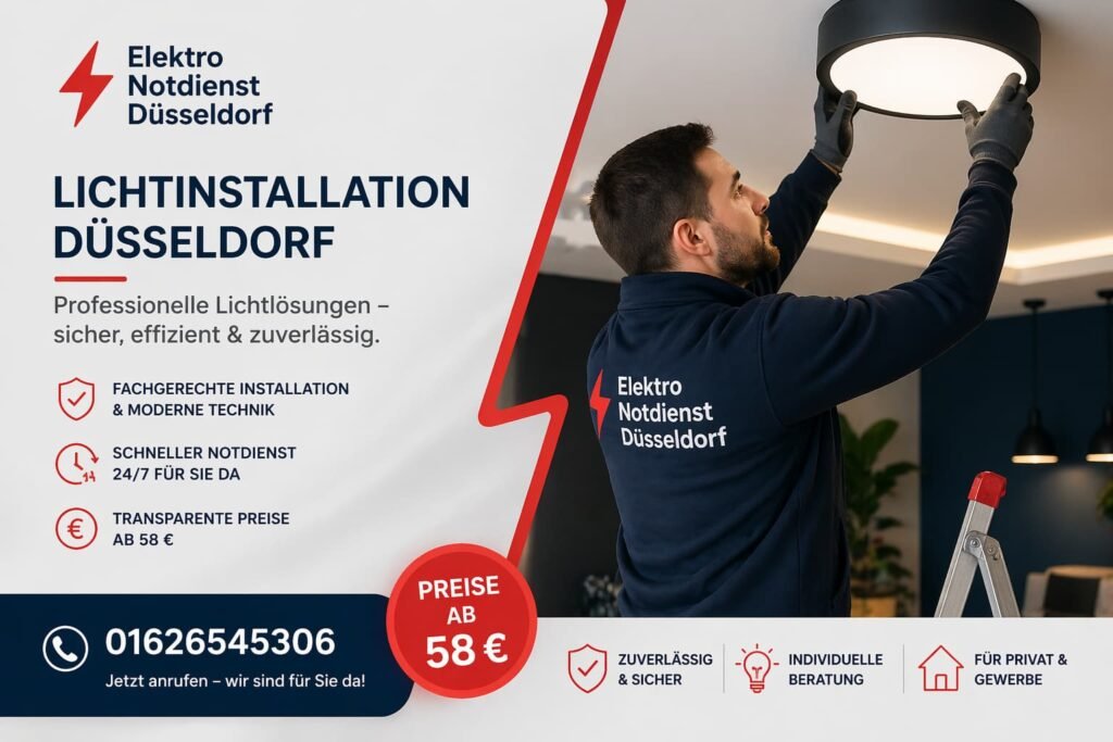 Elektro-Notdienst-Techniker bei der Fehlersuche und Reparatur einer elektrischen Anlage in Düsseldorf