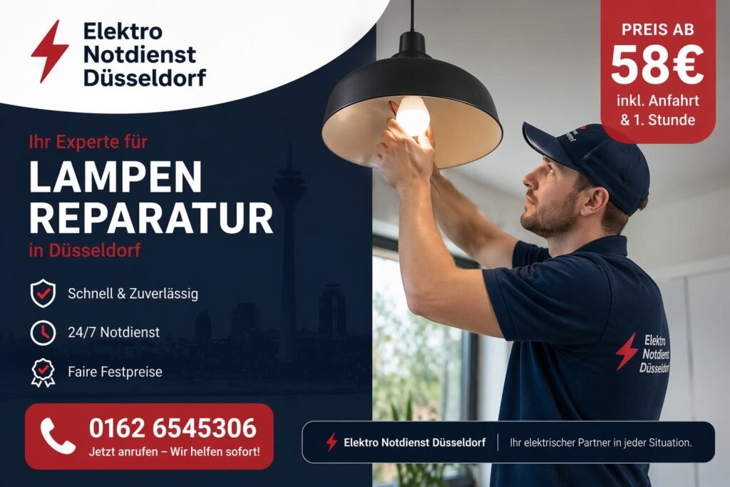 Elektriker repariert defekte Deckenlampe in moderner Wohnung in Düsseldorf