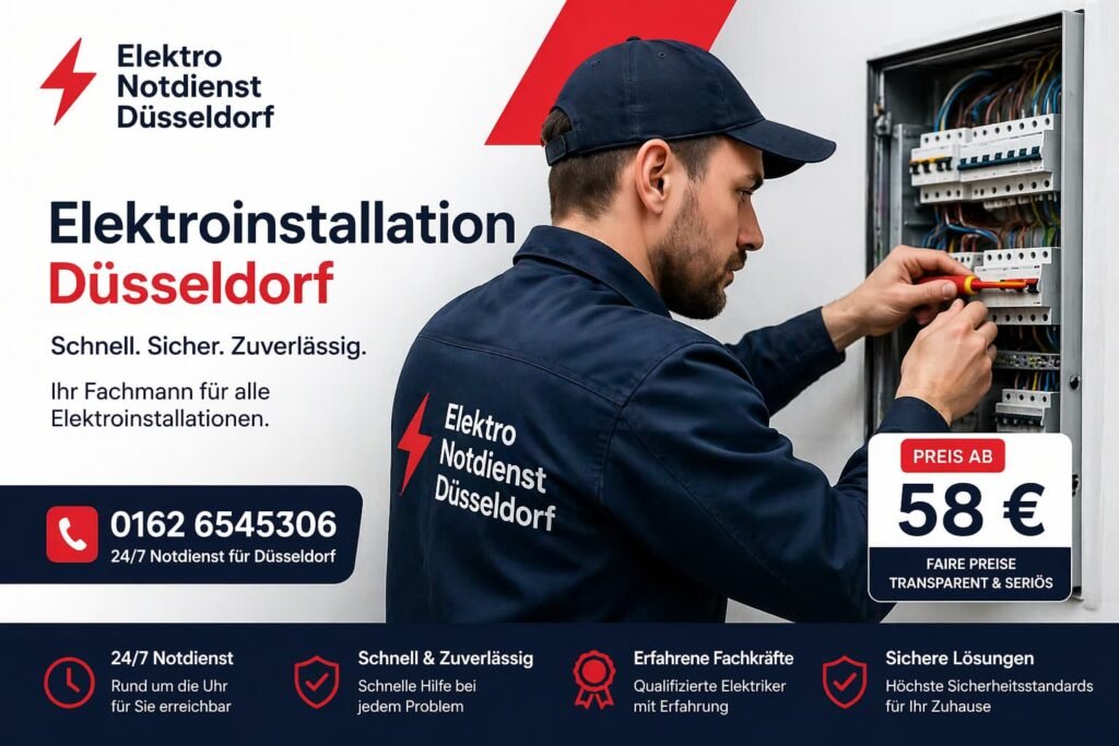 Elektriker bei der Arbeit am Sicherungskasten in Düsseldorf, moderner Notdienst mit schneller Hilfe und fairen Preisen.