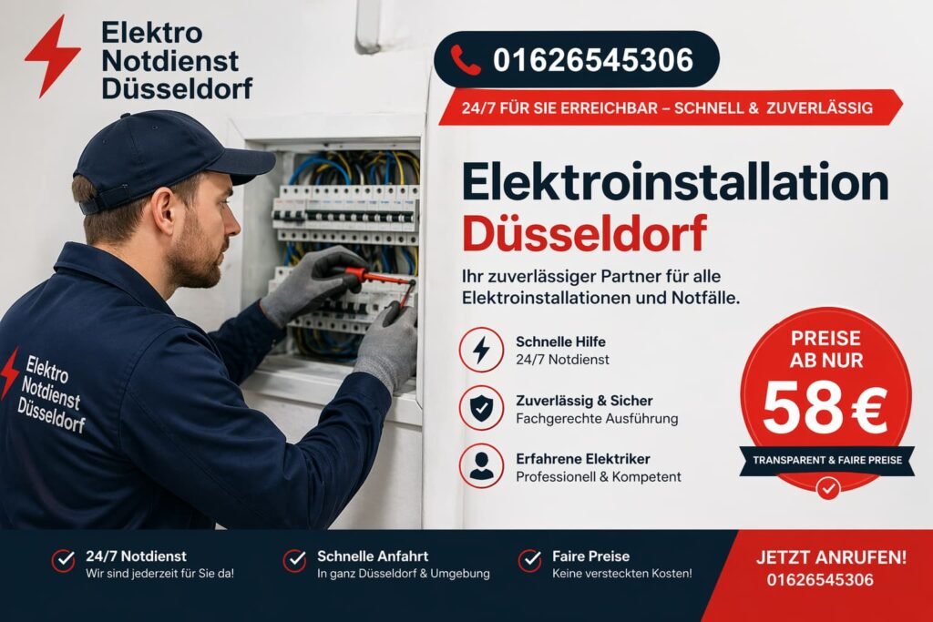 Elektriker bei der Reparatur eines Sicherungskastens in Düsseldorf – schneller Notdienst, zuverlässig und professionell