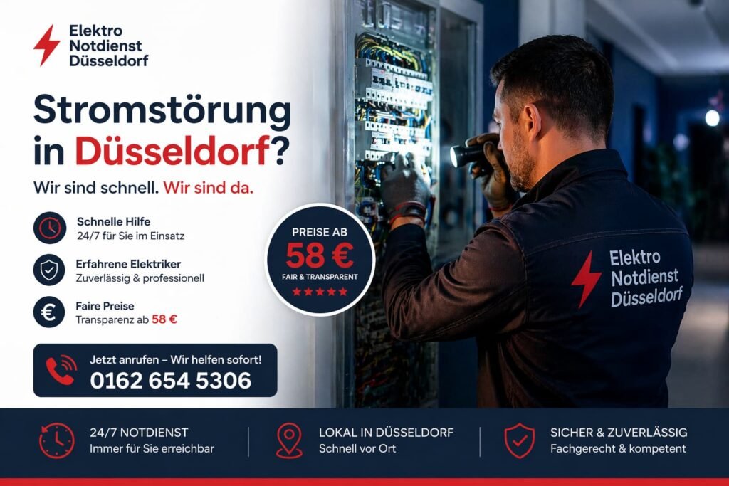 Elektriker im Einsatz bei Reparatur eines Sicherungskastens mit 24/7 Notdienst-Service in Düsseldorf