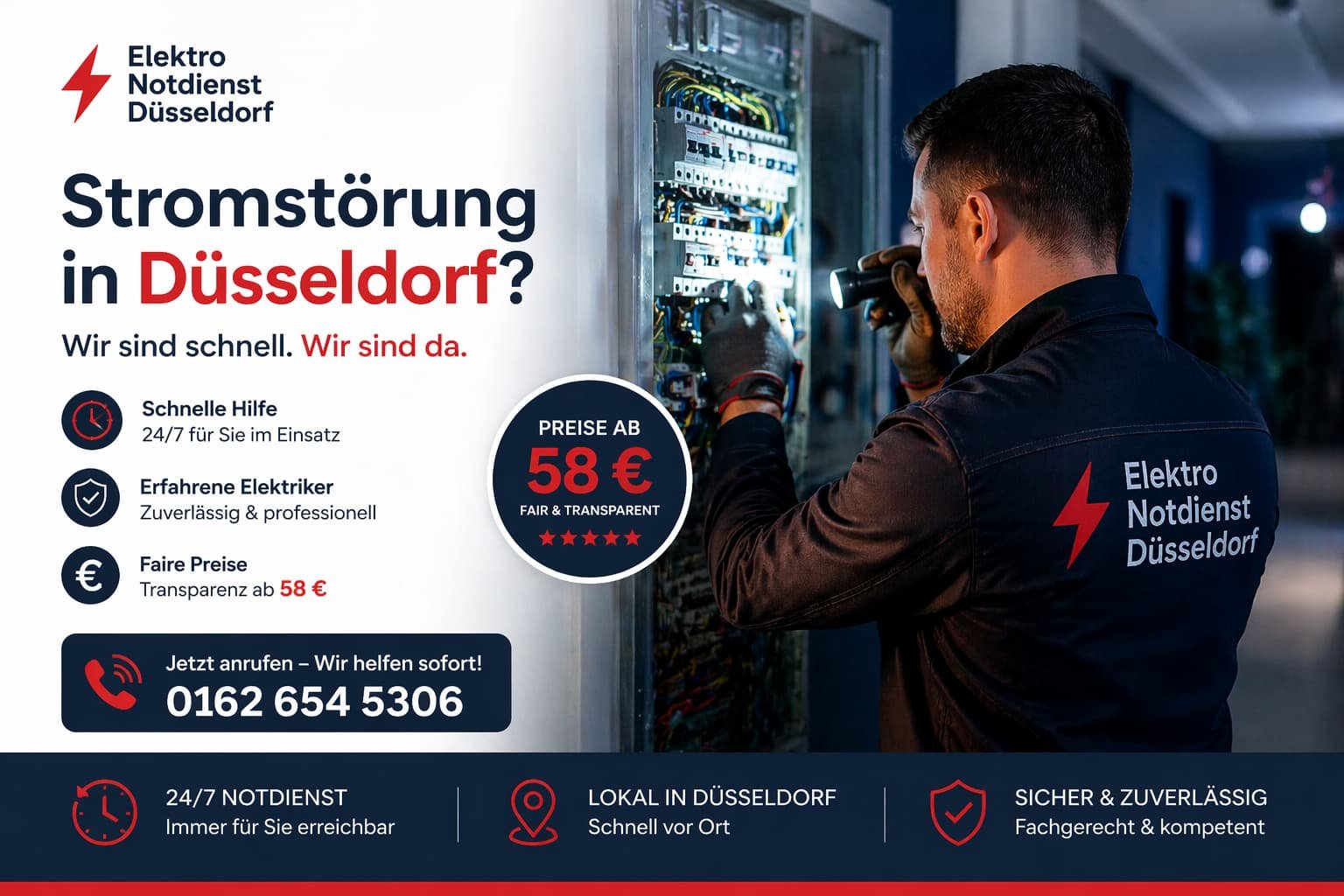 Elektriker im Einsatz bei Reparatur eines Sicherungskastens mit 24/7 Notdienst-Service in Düsseldorf