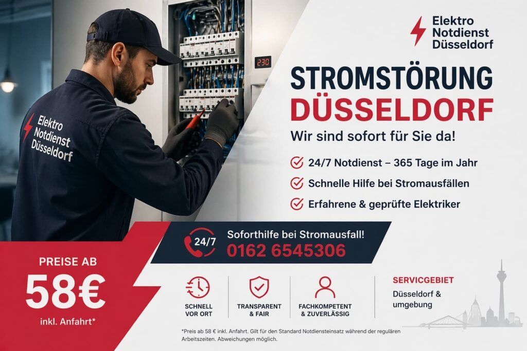 Elektriker bei der Reparatur eines Stromverteilers im Notdienst, professioneller Service in Düsseldorf