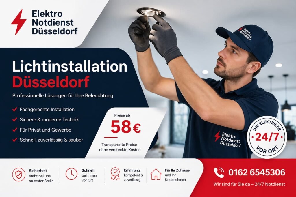 Elektriker installiert moderne Deckenbeleuchtung in einem Wohnraum – professioneller 24/7 Notdienst in Düsseldorf