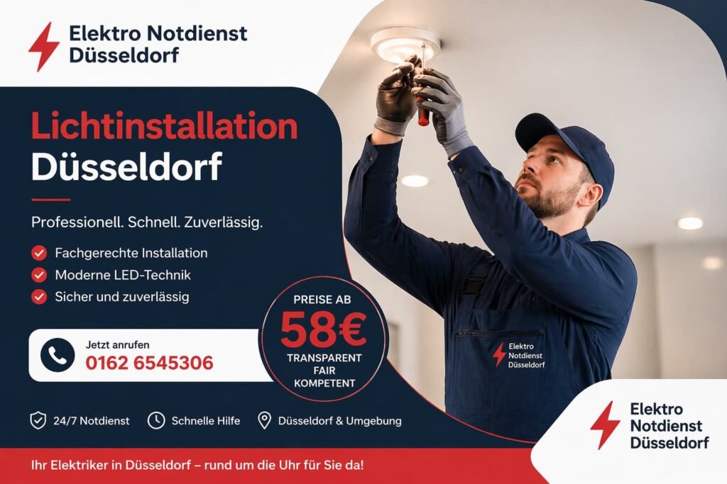 Elektriker montiert Deckenleuchte professionell und zuverlässig in moderner Innenumgebung mit klarem Service-Design und Kontaktangaben.