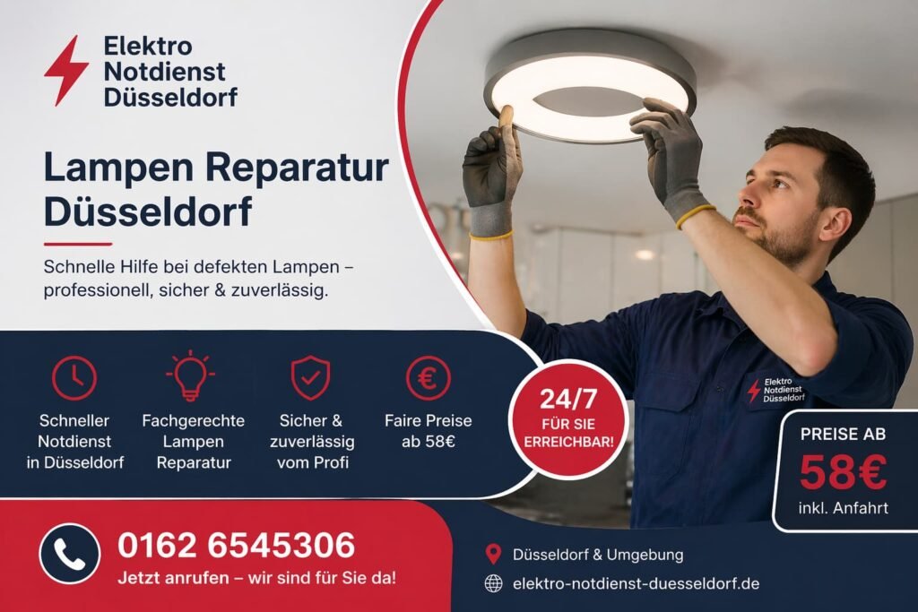 Moderner Elektriker montiert eine Deckenleuchte in einer Wohnung – professioneller Notdienst in Düsseldorf mit 24/7 Service und transparenten Preisen.