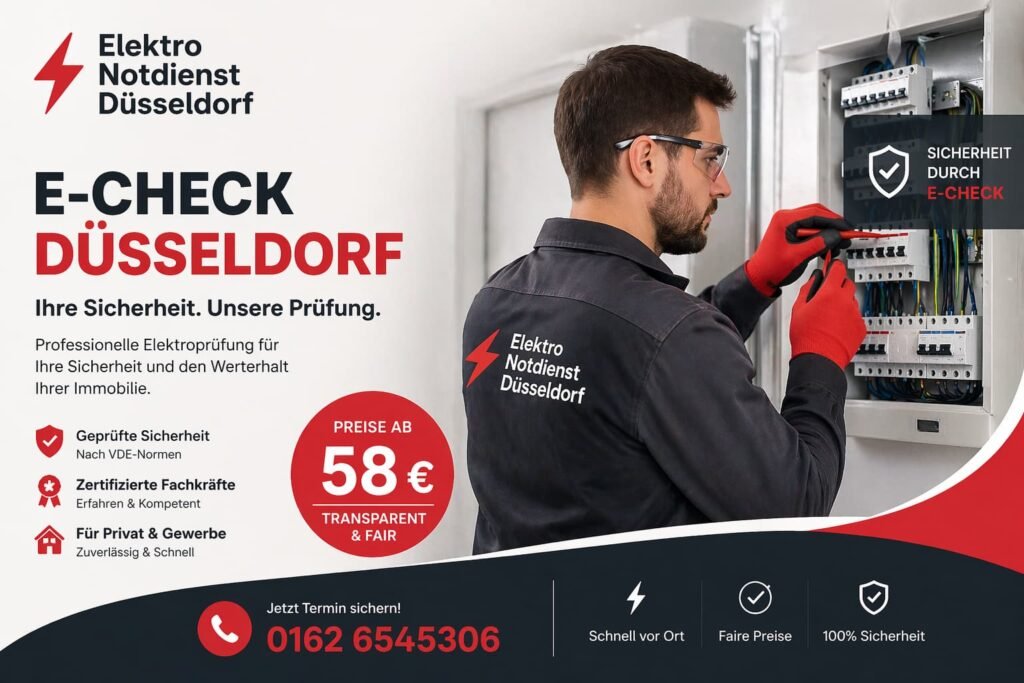 Elektriker prüft Sicherungskasten in moderner Wohnung in Düsseldorf