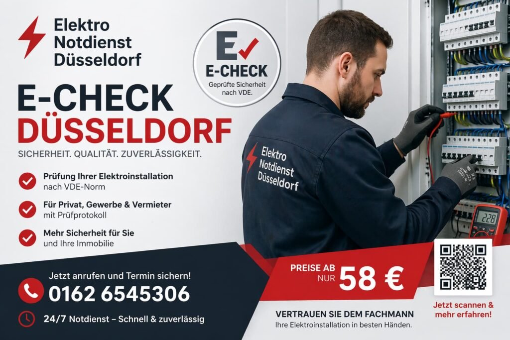 Professioneller Elektriker prüft und repariert eine Elektroinstallation in Düsseldorf mit moderner Messtechnik und Notdienst-Service.