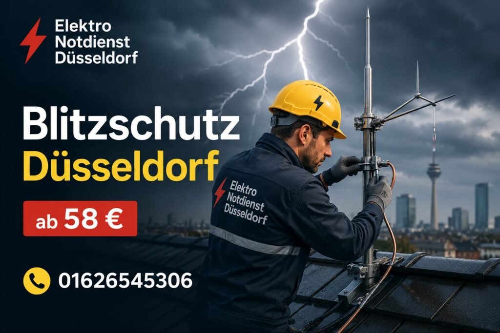 Elektriker auf einem Dach bei der Installation moderner Sicherheitstechnik während eines Gewitters.