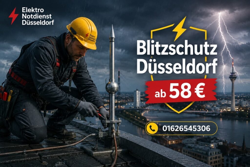 Elektriker bei Reparatur auf Dach in Düsseldorf während Gewitter