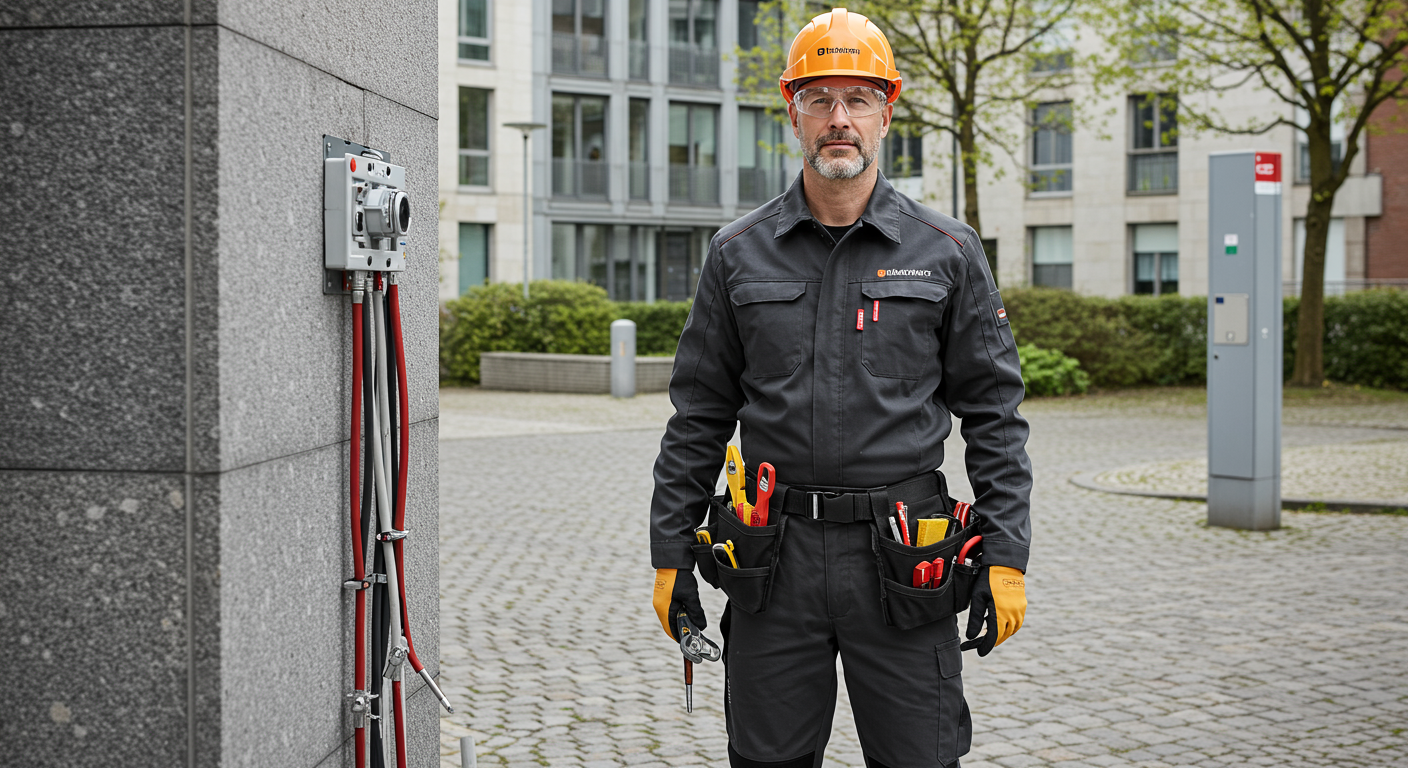 Team von Rheinland-Elektriker vor einem Einsatzfahrzeug in Düsseldorf