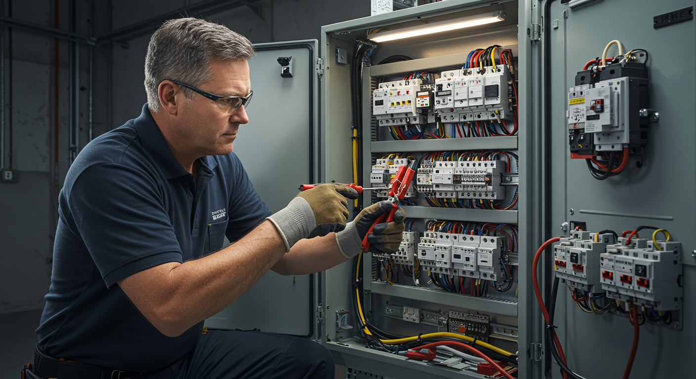Elektriker bei der Arbeit im Sicherungskasten