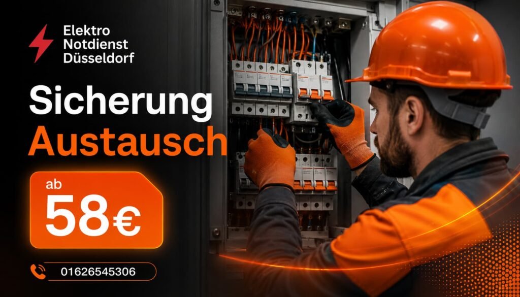 Elektriker arbeitet an einem Sicherungskasten in Düsseldorf